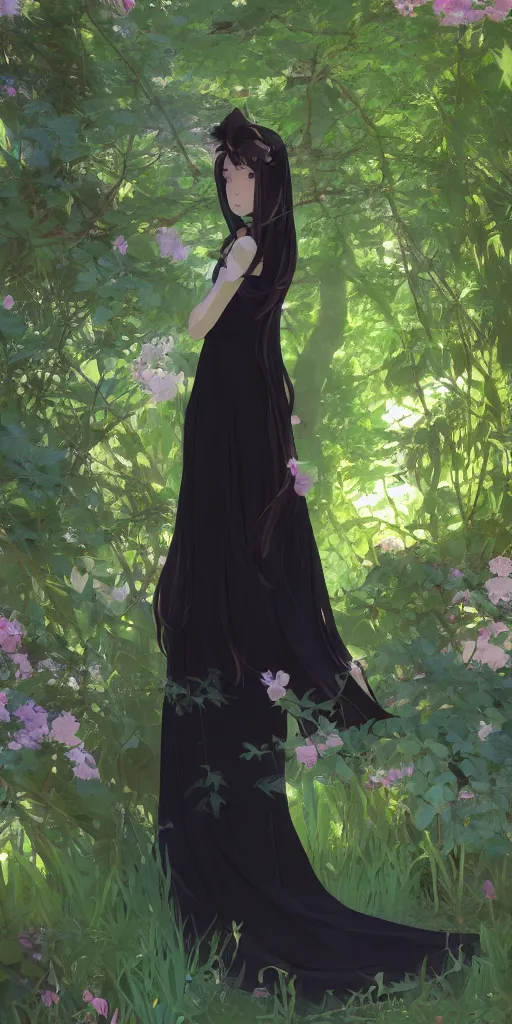 Image similar to a digital art of a loli with long hair in black dress in the privet garden at after noon, green and warm theme, back lighting, by krenz cushart and mucha and akihito yoshida and greg rutkowski and makoto shinkai, extremely long shot, detailed eyes, 4 k resolution, trending on art station