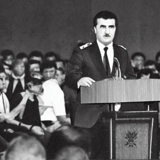 Prompt: Macedonian Ex-general Petvqar Sugarev holding his speech, 1986