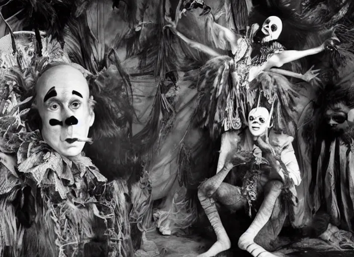 Image similar to still from a surreal art house film by alejandro jodorowsky, kenneth anger and joel - peter witkin : : big international production by a major studio : : archetypal themes, freak show clowns, camp, sleaze : : cinemascope, technicolor, 8 k