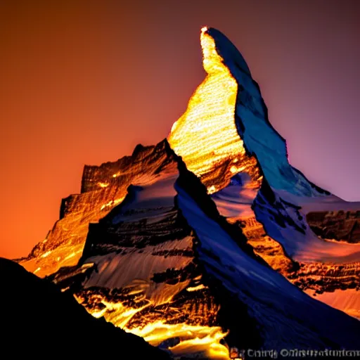 Prompt: an epic photo at nighttime of the matterhorn in the colors of indian flag, projection, illuminated on the matterhorn mountain at night