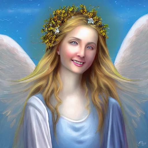 Prompt: a painting of an angel, a young woman with long blond hair and a halo smiling in heaven, highly detailed, digital art