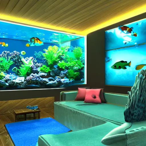 Prompt: realistic 3 d designed big modern room as aquarium with a beautiful fishes and corals, realistic colors, realistic shadows, daylight made by blender and cinema 4 d, hd, 3 d