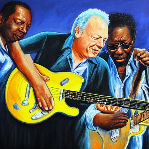 Prompt: “David Gilmour, Eric Clapton, Mark Knopfler and BB King playing guitar together, oil painting, 4k”