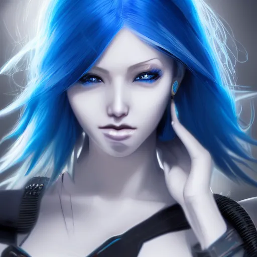 Image similar to a close up of a woman with blue hair, cyberpunk art by Artgerm, featured on cgsociety, fantasy art, deviantart, 2d game art, deviantart hd