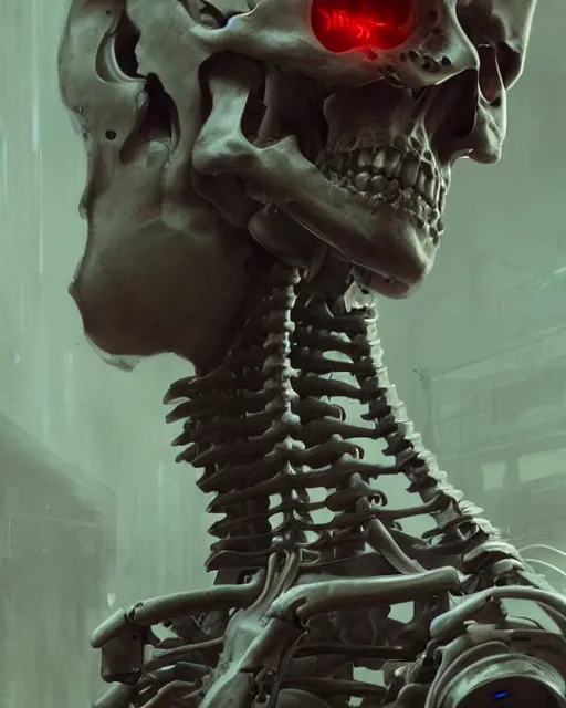 Image similar to skeleton with cybernetic enhancements with some flesh as seen from a distance, scifi character portrait by greg rutkowski, esuthio, craig mullins, 1 / 4 headshot, cinematic lighting, dystopian scifi gear, gloomy, profile picture, mechanical, half robot, implants, solarpunk