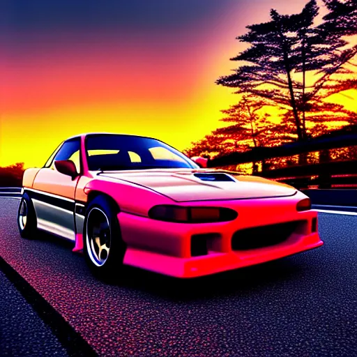 Image similar to a car drift spec mazda fc3s rx7 in middle of road, gunma prefecture, city sunset night, cinematic color, photorealistic, highly detailed