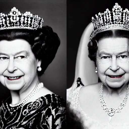 Image similar to A portrait photo of queen elizabeth teams up with a teenage queen elizabeth, perfect faces, 50 mm, award winning photography