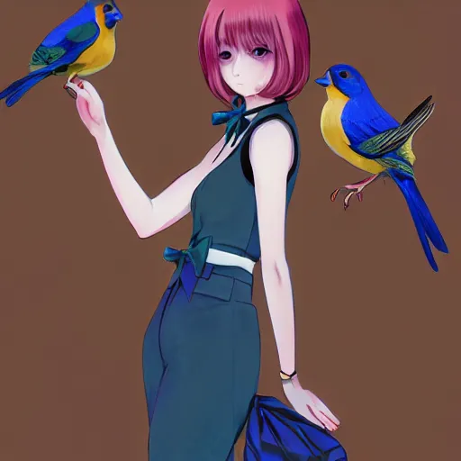 Image similar to colored pencil, anime art, beautiful full body female pinup girl, holding an indigo bunting bird, the bird is wearing a bowtie, wlop, rossdraws sakimimichan, ilya kuvshinov, krenz cushart, greg rutkowski