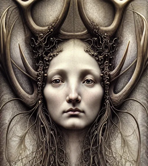 Image similar to detailed realistic beautiful antler goddess face portrait by jean delville, gustave dore, iris van herpen and marco mazzoni, art forms of nature by ernst haeckel, art nouveau, symbolist, visionary, gothic, neo - gothic, pre - raphaelite, fractal lace, intricate alien botanicals, biodiversity, surreality, hyperdetailed ultrasharp octane render