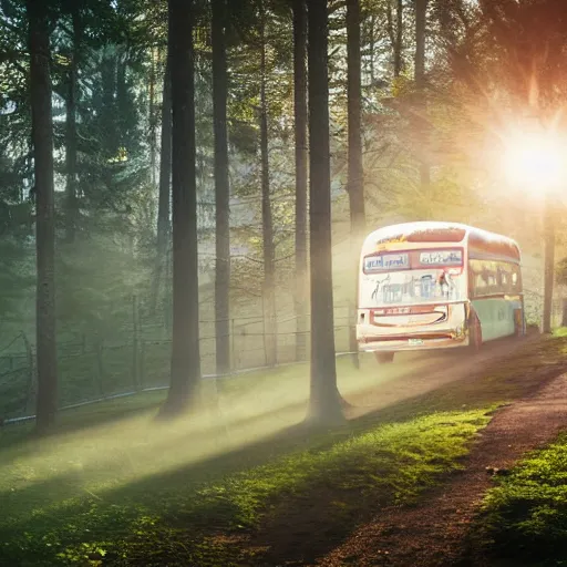 Image similar to big commercial bus with very creative livery in misty forest scene, the sun shining through the trees