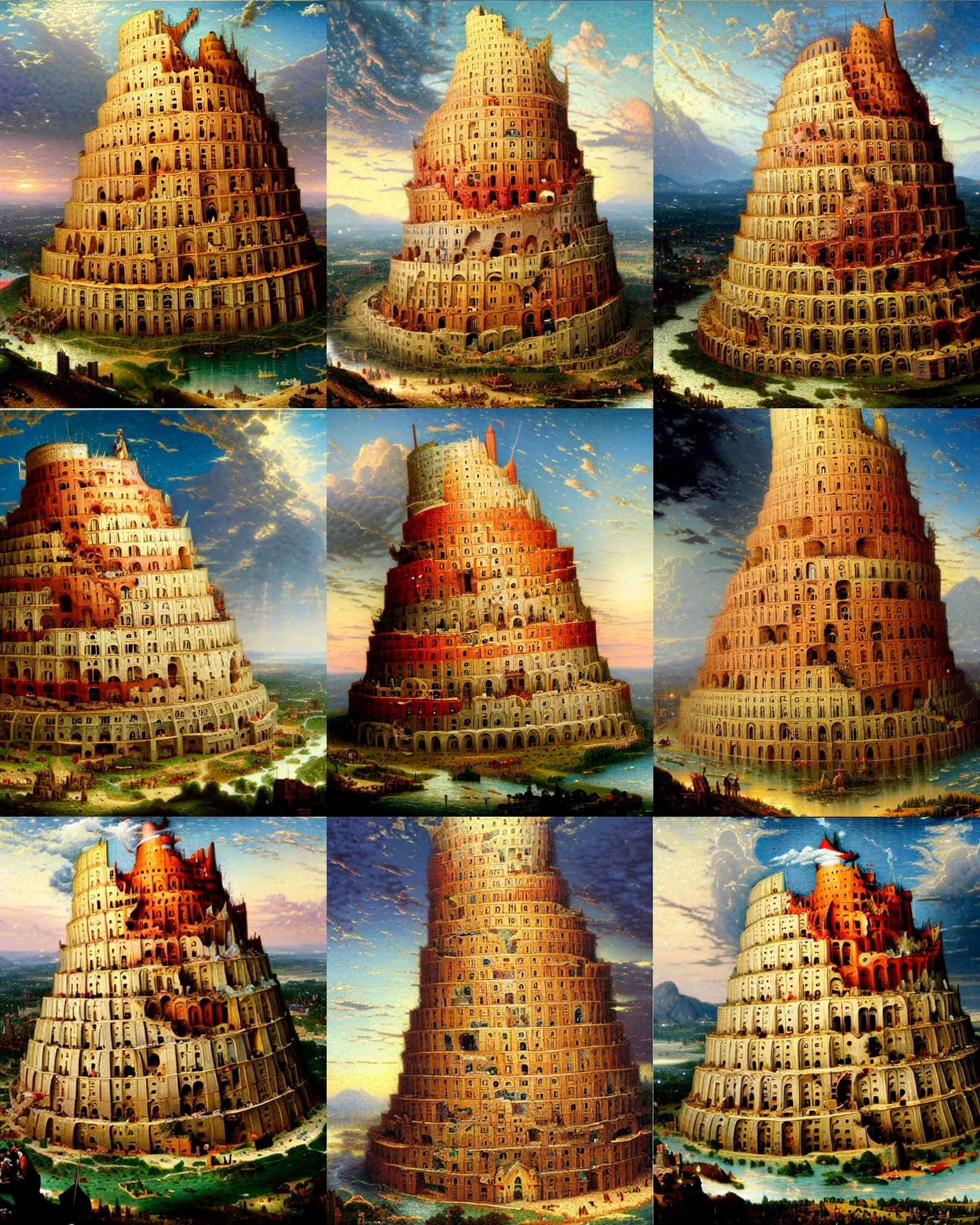 Prompt: the tower of babel made of pancakes by thomas kinkade, oil on canvas