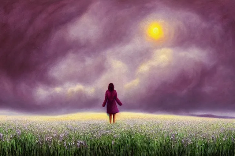 Image similar to giant flower heads, women standing in heather hills, surreal photography, stormy sky, dramatic lighting impressionist painting, digital painting, artstation, rob gonsalves