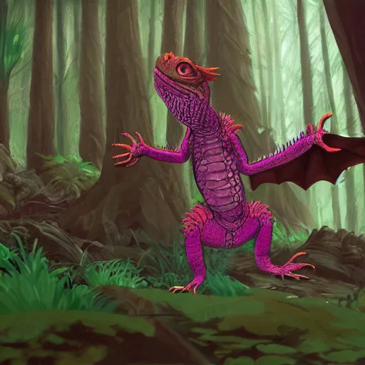 Image similar to concept art painting of an anthropomorphic bearded dragon scalie wearing magenta wizard robes, in the deep forest, realistic, detailed, cel shaded, in the style of makoto shinkai and greg rutkowski and james gurney