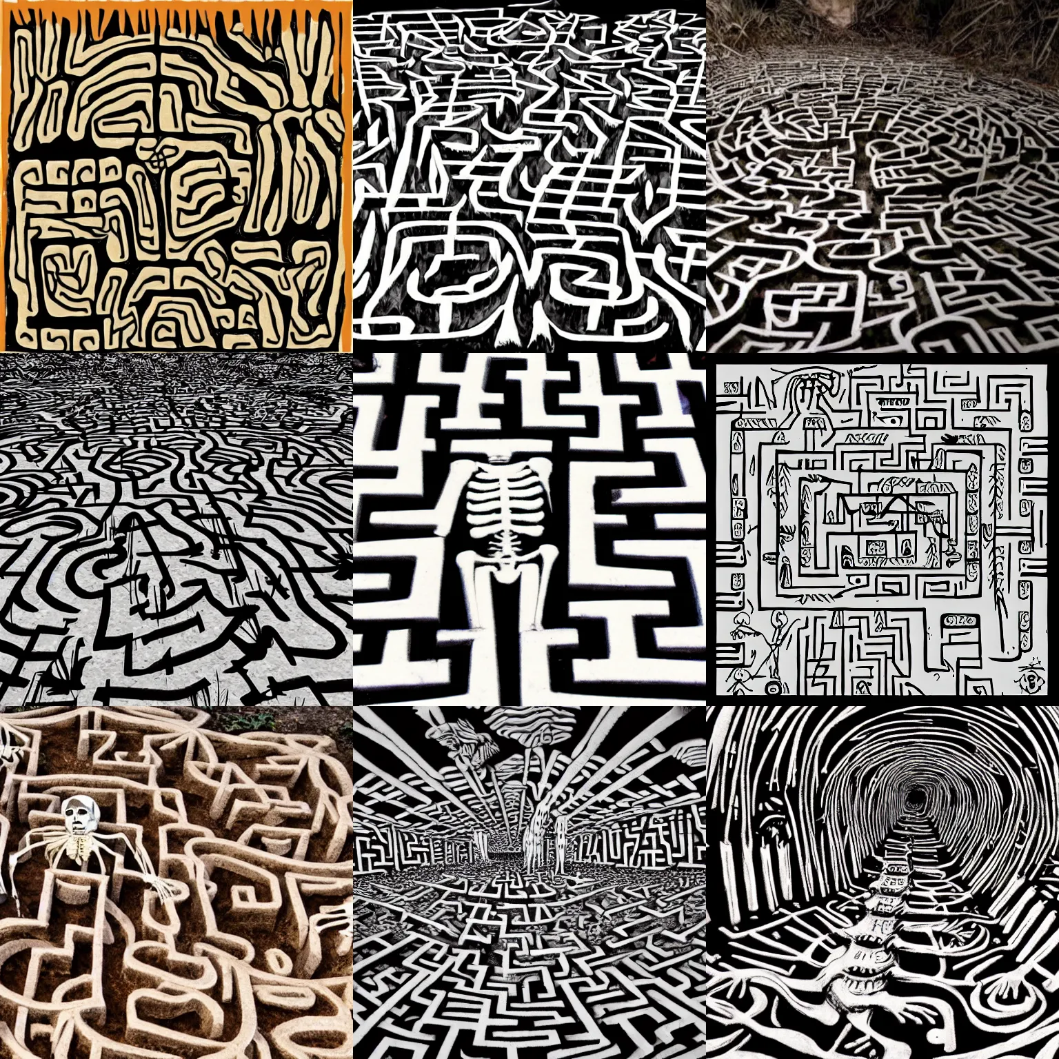 Prompt: skeleton maze, horrifying, detailed, liminal space