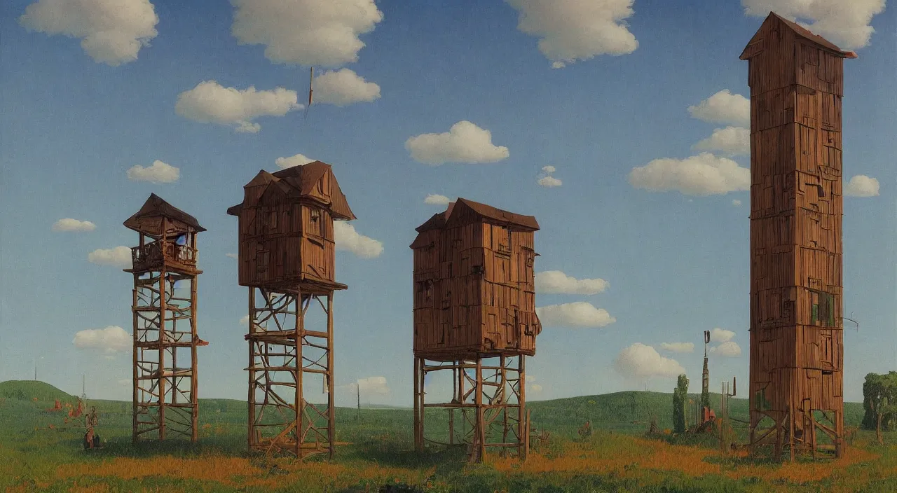 Image similar to single flooded simple wooden tower, very coherent and colorful high contrast!! masterpiece by rene magritte simon stalenhag carl spitzweg syd mead norman rockwell edward hopper james gilleard, minimalist, dark shadows, sunny day, hard lighting