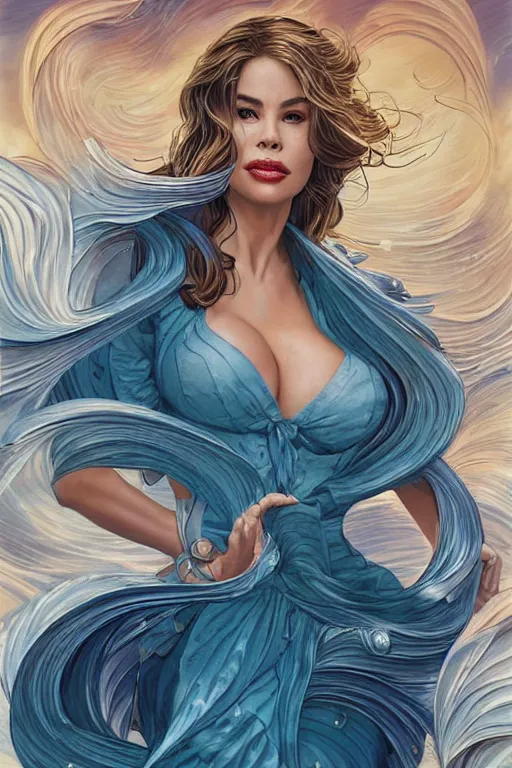 Image similar to Sofía Vergara as a heroine with a dress inspired by the great wave off kanagawa, digital painting, artstation, concept art, smooth, sharp focus, illustration, in-frame, centered, art by artgerm and donato giancola and Joseph Christian Leyendecker, Ross Tran, WLOP