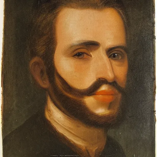 Image similar to portrait of a man, his face is made of leather