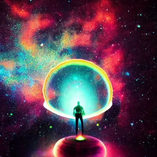 Image similar to over the shoulder photo of a man watching a magic glowing jellyfish in glowing cosmic stardust, colorful stars, galaxies, space, award winning photo, intricate, high detail, atmospheric, desolate, artstation