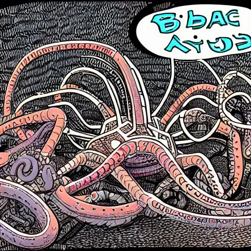 Image similar to detailed, intricate, colour, comic style illustration of a robotic hydra with jack cable tentacles, inside a huge cave made of pro audio equipment