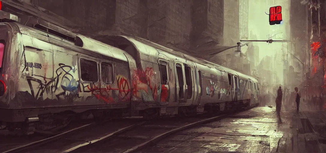 Image similar to old new york Subway car painted with Graffiti, mord182, dramatic lighting, cinematic, establishing shot, extremly high detail, photo realistic, cinematic lighting, post processed, concept art, artstation, matte painting, style by eddie mendoza, raphael lacoste, alex ross