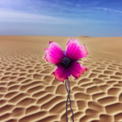 Prompt: a single small pretty desert flower blooms in the middle of a bleak arid empty desert, near the flower a large topaz crystal is partly revealed, background sand dunes, clear sky, low angle, dramatic, cinematic, tranquil, alive, life.