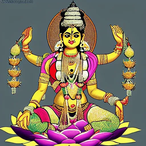 Image similar to indian goddess lakshmi with 4 arms, sitting on a lotus in a minimalistic style