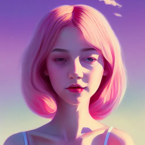 Prompt: young female in summer dress art, pastel light pink long hair, muted colors, matte print, pastel colors, ornate, digital art, digital painting, fan art, elegant, artstation, head is centered, by Ilya Kuvshinov