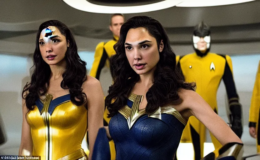 Image similar to Gal Gadot, wearing a yellow uniform, is the captain of the starship Enterprise in the new Star Trek movie