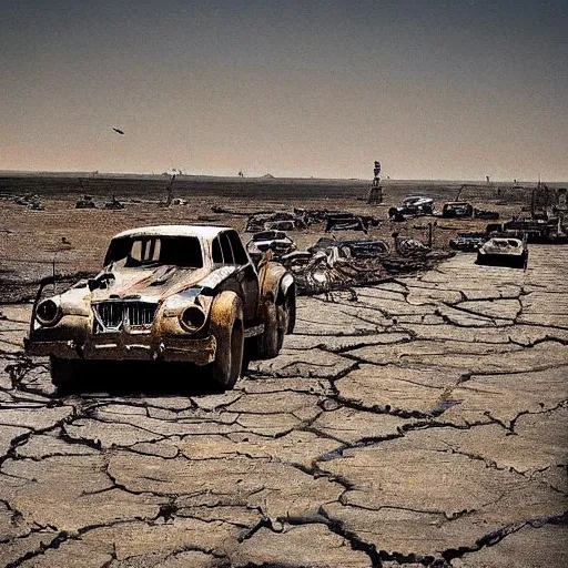 Image similar to city, dried up river, fire, boats in mad max fury road style, riding on the dried up river