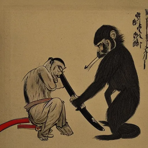 Image similar to a monkey cutting a human samurai's hair.