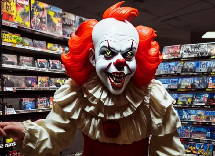 Prompt: giant pennywise seen shopping at gamestop, pennywise can be seen buying his game collection, amazing details, atmospheric, surrealism, 8 k, octane render, cold hue's, warm tone gradient background