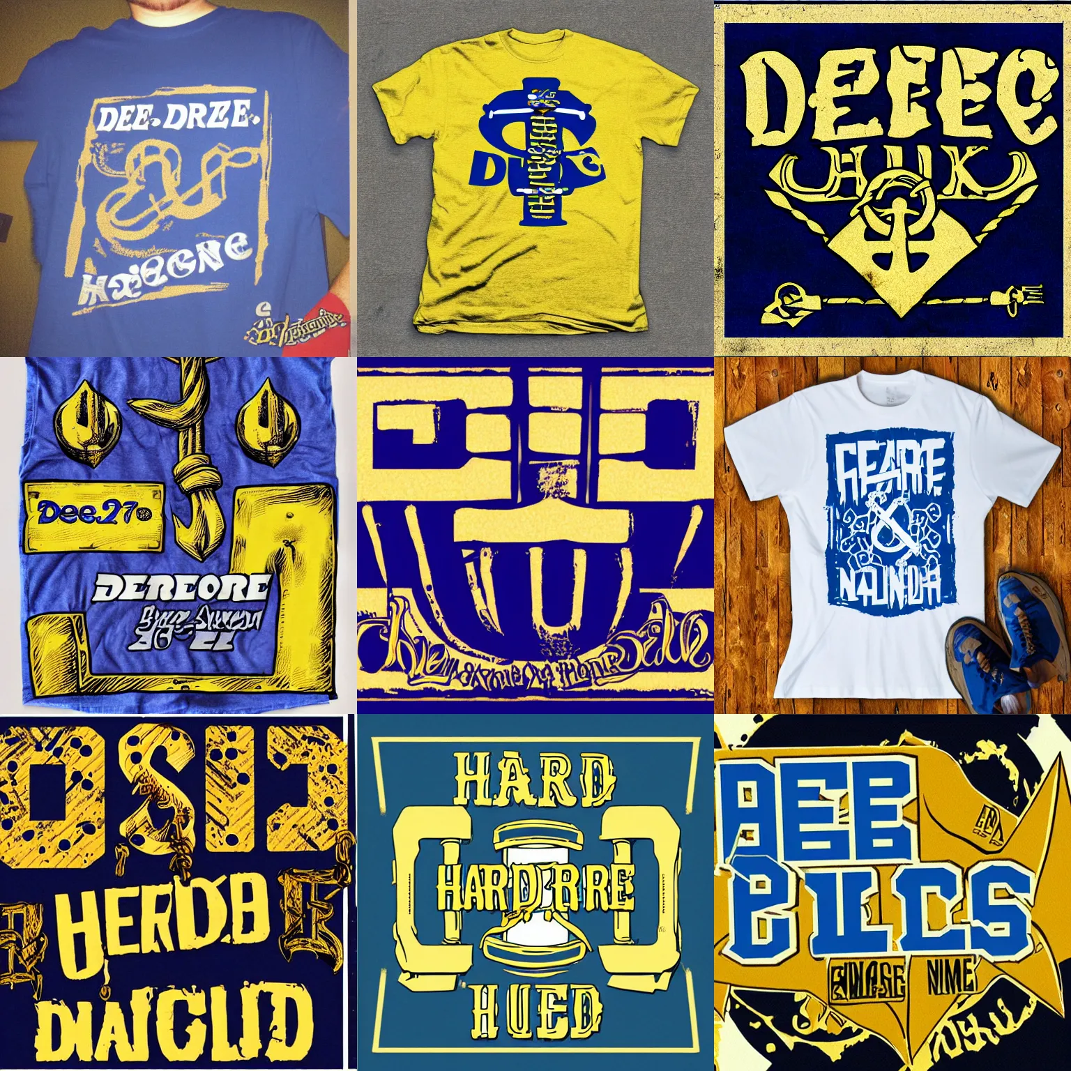 Prompt: hardcore merch, tshirt print with anchor and text ( from 1 9 9 0 ), blue gold and white color scheme, like deez nuts band prints