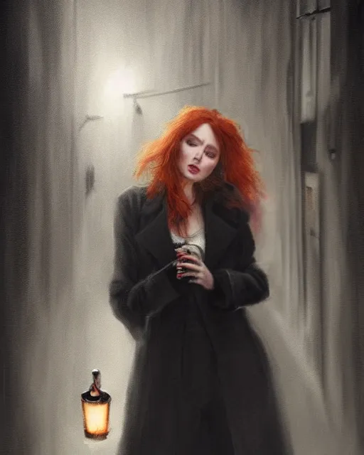 Prompt: A ultradetailed beautiful portrait painting of a redhaired woman in a black trenchcoat smoking a cigarette in a dark alley at night. trending on deviantart, film noire, Greg Rutkowski.