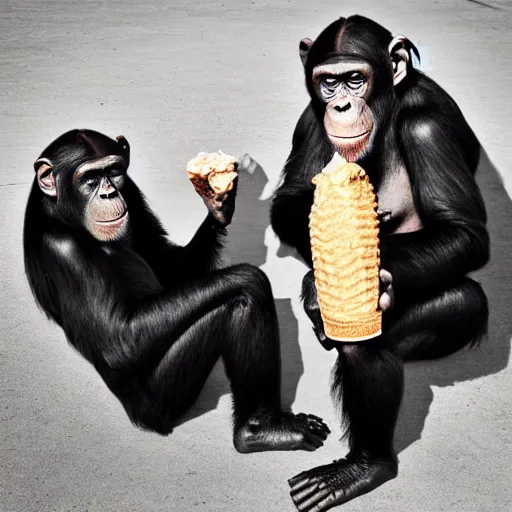 Image similar to a dslr 3 5 mm f 2 chimpanzee photograph of two chimpanzees!!! worshiping a giant ice cream cone sent by aliens that chimpanzees are worshiping, at dawn.