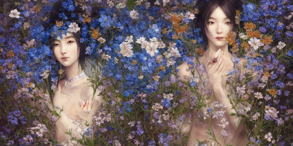 Image similar to breathtaking detailed concept art painting of the goddess of nemophila flowers, orthodox saint, with anxious, piercing eyes, ornate background, amalgamation of leaves and flowers, by Hsiao-Ron Cheng, James jean, Miho Hirano, Hayao Miyazaki, extremely moody lighting, 8K