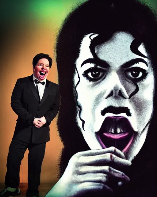 Prompt: Michael Mcintyre & a bearded man & white Michael Jackson in a nightclub in Porto,real life skin, intricate, elegant, highly detailed, artstation, concept art, smooth, sharp focus, photo