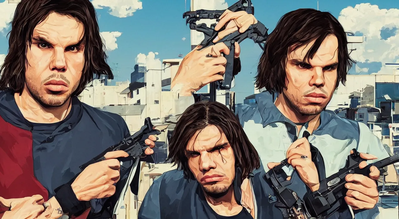 Prompt: Orelsan in a GTA V cover art, posing solo, symmetrical face