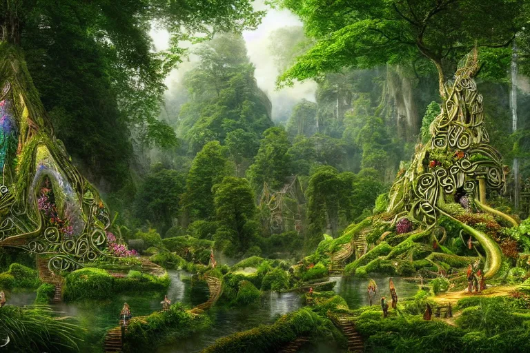 Image similar to a beautiful and highly detailed digital painting of an elven structure in a lush detailed forest in a beautiful valley, psychedelic trees and plants and flowers, celtic, intricate details, epic scale, 8 k, sharp focus, photorealism, artstation, cgsociety, by caspar friedrich, albert bierstadt, james gurney, brian froud,