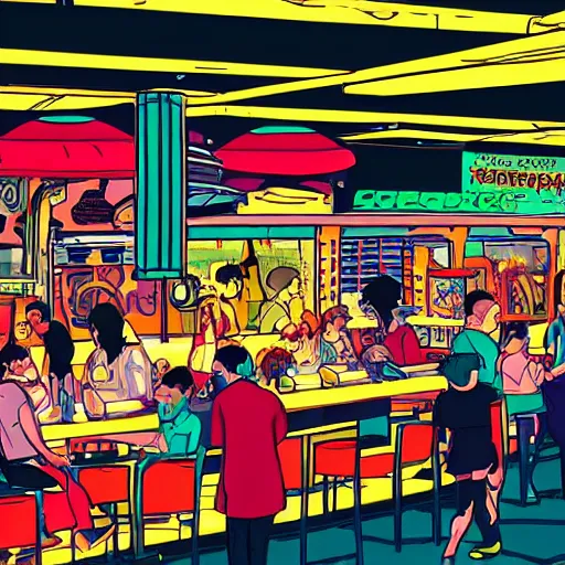 Prompt: food court at a crowded space station, jim henson creature shop, mike mignogna, cyberpunk, retrofuture, illustration
