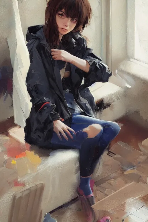 Image similar to A ultradetailed beautiful panting of a stylish girl sitting on the floor of a messy apartment, she is wearing an oversized jacket, Oil painting, by Ilya Kuvshinov, Greg Rutkowski and Makoto Shinkai