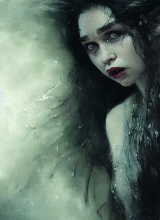 Prompt: young emilia clarke vampire, mouth open bite, staring seductively, detailed by gaston bussiere, bayard wu, greg rutkowski, giger, maxim verehin, greg rutkowski, masterpiece, sharp focus, cinematic lightning