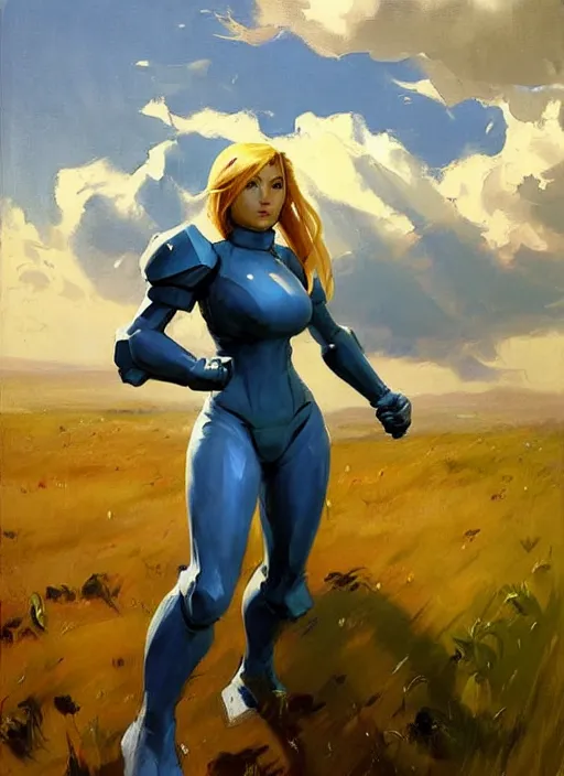 Image similar to Greg Manchess painting of Samus from Metroid Prime, countryside, calm, fantasy character portrait, dynamic pose, above view, sunny day, thunder clouds in the sky, artwork by Jeremy Lipkin and Giuseppe Dangelico Pino and Michael Garmash and Rob Rey, very coherent asymmetrical artwork, sharp edges, perfect face, simple form, 100mm