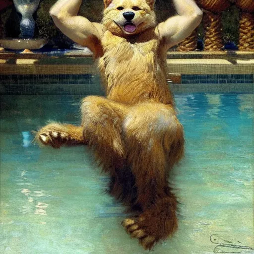 Image similar to a portrait of an animal in the pool, furry body, furry arms, furry legs, furry tail. highly detailed painting by gaston bussiere, craig mullins, j. c. leyendecker, furry