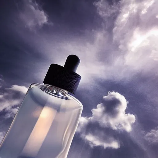 Image similar to airy bright perfume bottle floating in whispy clouds, with dreamy light blue sky and clouds in the background, softly - lit, soft - warm, zen, light, modern minimalist f 2 0 clean