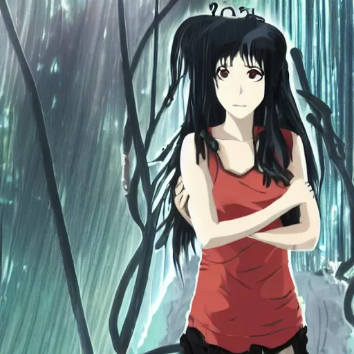 Image similar to a female anime character with long black hair, in a misty jungle surrounded by broken technology, in the style of mamoru oshii, ghost in the shell