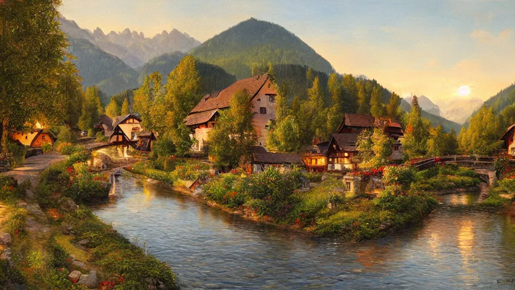 Image similar to High-Quality realist painting of a river crossing a traditional Bavarian village in a valley in the Alps at dawn, peaceful, very detailed, digital art.