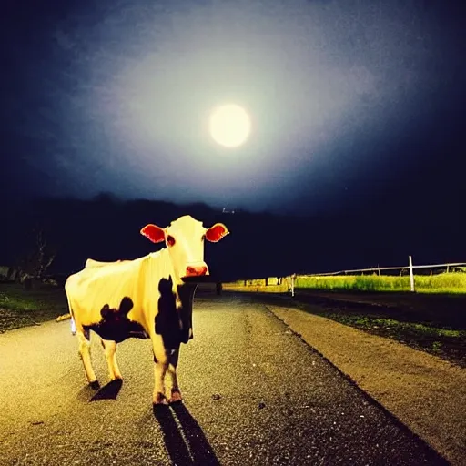 Prompt: a cow flying at night, car point of view, creepy