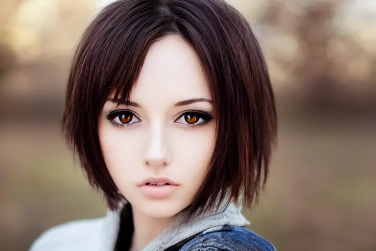 Image similar to beautiful woman with short brown hair, brown eyes, anime