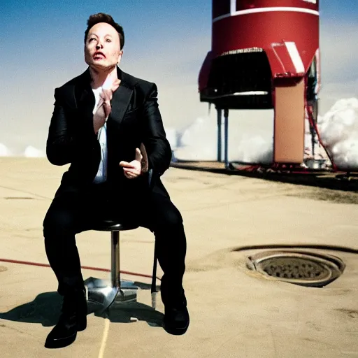 Image similar to Elon musk!! sitting on a spacerocket!, Mr Strangelove, Action shot