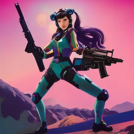 Prompt: d. va from overwatch holding ak 4 7 rifle, ektachrome bomber jacket, frank frazetta style